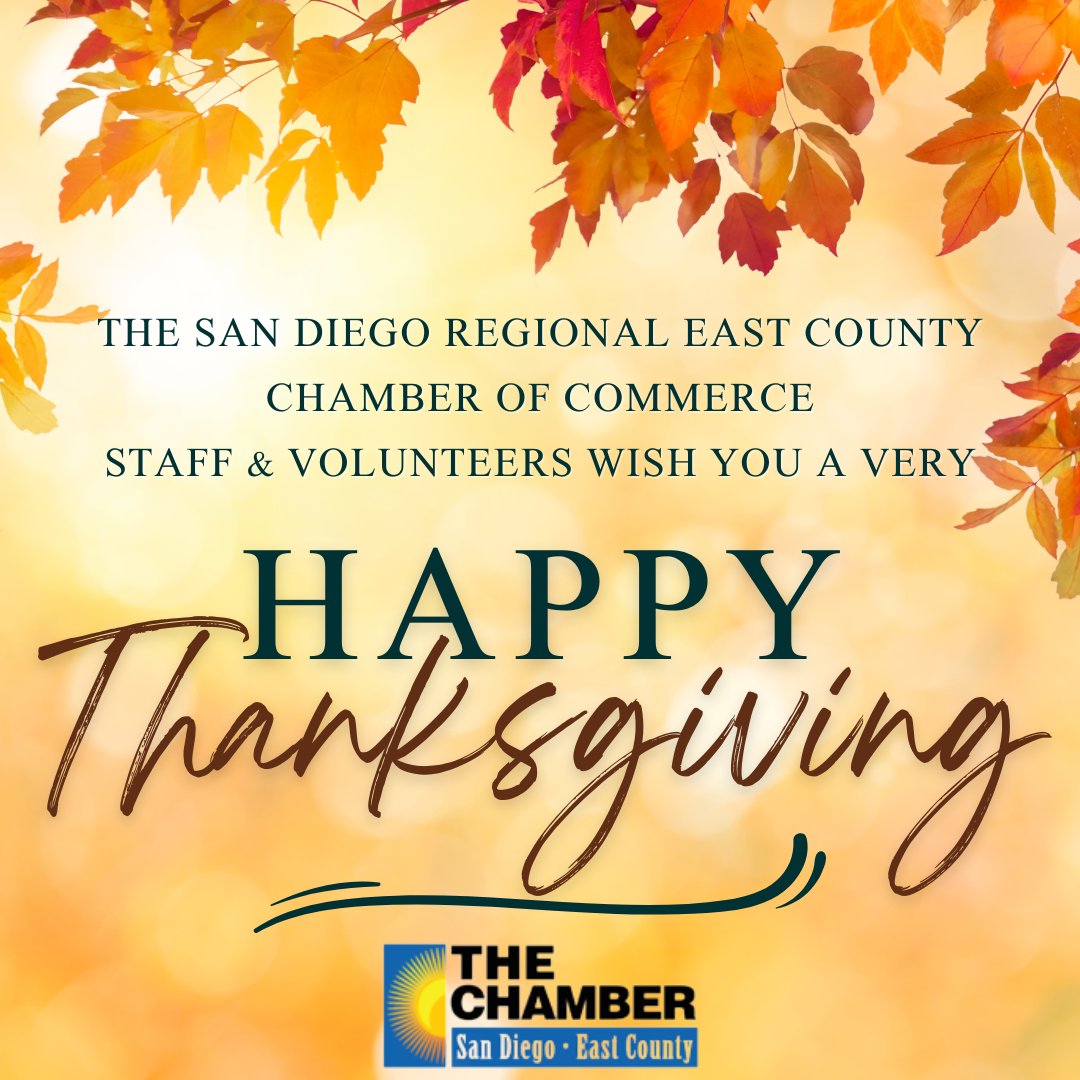 sdeccc's tweet image. 🦃🍁 Happy Thanksgiving from The Chamber! 🍁🦃

The San Diego Regional East County Chamber of Commerce extends our heartfelt gratitude to our members, partners, volunteers, and community. Your continued support and dedication help strengthen the businesses and organizations that…