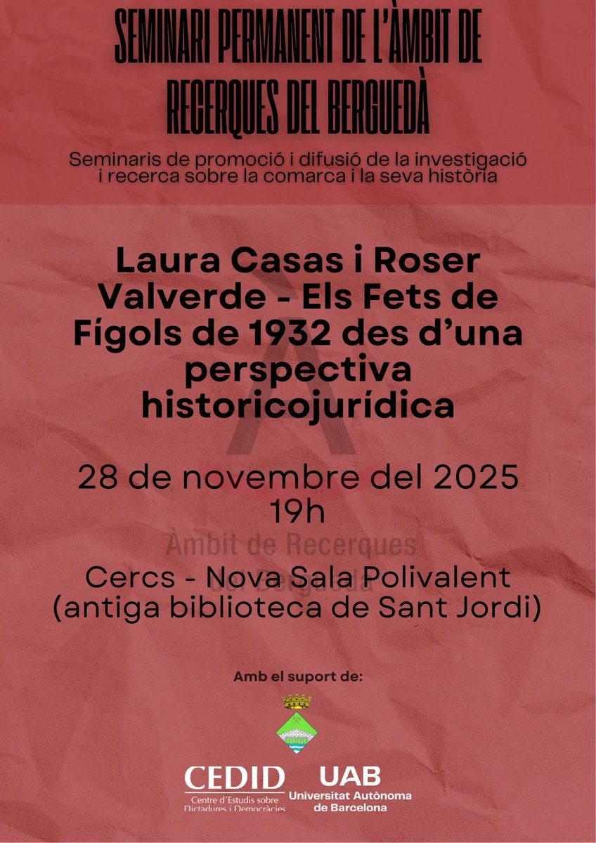 📢 Penúltima sessió del Seminari Permanent de l'Àmbit de Recerques del Berguedà!
📅 Divendres 28 de novembre (DEMÀ!)
🕖 19 h
📍 Nova Sala Polivalent de Sant Jordi de Cercs

Encara queda molt per dir sobre la Revolta de l'Alt Llobregat de 1932, veniu i comproveu-ho, us hi esperem!