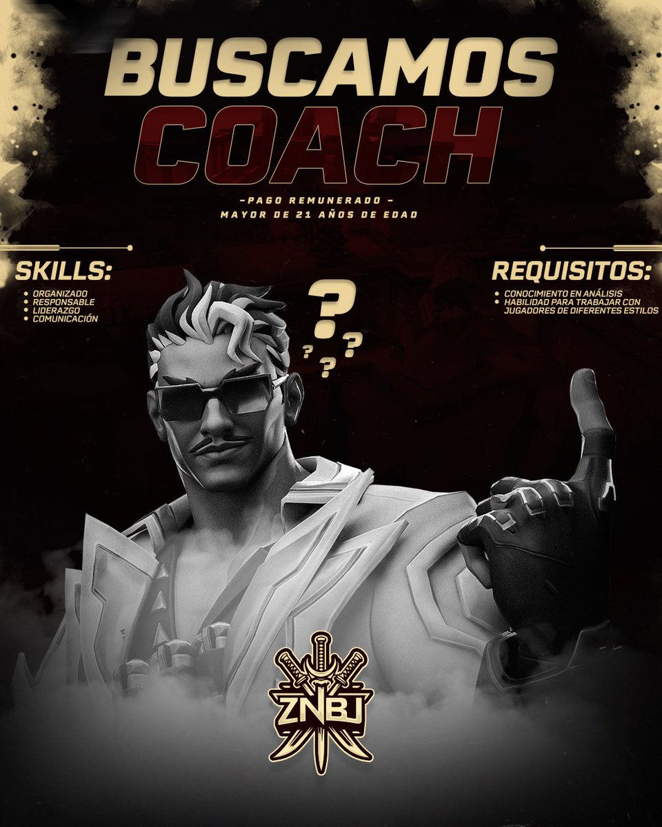 znbuteam's tweet image. ⚔️ | ¡Buscamos coach!

Estamos en búsqueda de coach para nuestra escuadra principal de Valorant. 

Si tienes lo necesario y estás interesado en formar parte de este proyecto envíanos un DM 📩