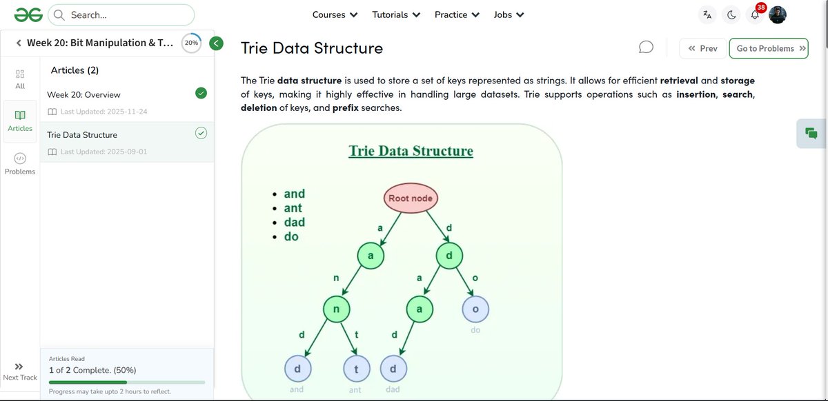 amanhaidry's tweet image. 🗓️Day-127/365 | #365DaysOfCode 💻| @geeksforgeeks

#Trie in #DSA
✅Trie Data Structure
→ Representation of Trie Node
→ Insertion
→ Searching
→ Prefix Searching

#nationskillup #365DaysOfDSA #geeksforgeeks #gfg #365DaysOfcoding #java #DataStructuresAndAlgorithms