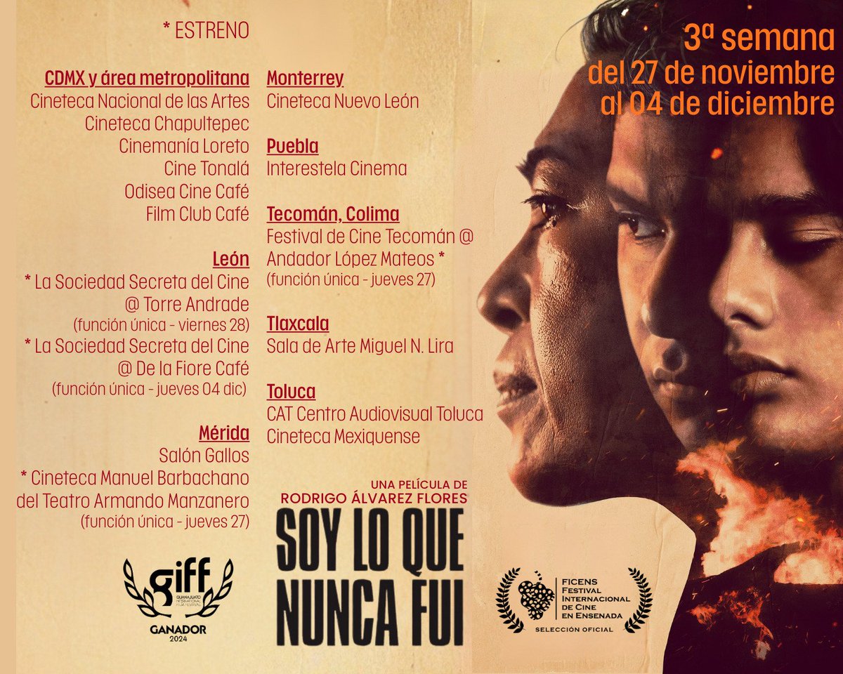 SOY LO QUE NUNCA FUI, ópera prima de Rodrigo Álvarez Flores <a href="/roalvarezflores/">Rodrigo Alvarez F.</a>, entra a su 3ª semana en sedes selectas. Te compartimos cines y ciudades del jueves 27 de noviembre al jueves 04 de diciembre.

#SoyLoQueNuncaFui