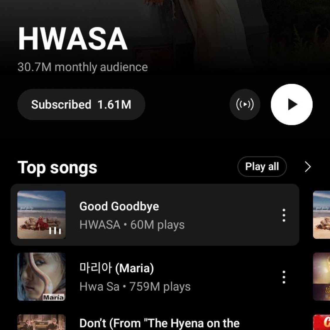 🧨| تتجاوز اغنيه "Good Goodbye" حاجز ال 60 مليون استماع عبر منصة يوتيوب ميوزك🔥

#Hwasa #화사 
-i