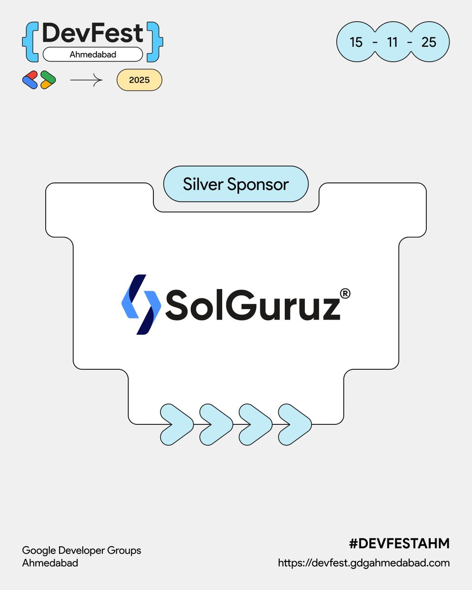 GDGAhmedabad's tweet photo. Huge thanks to @SolGuruz for supporting GDG DevFest Ahmedabad 2025!๐
Your partnership helped us create an unforgettable experience for the developer community.
Thank you for believing in the power of community!๐
#DevFestAhm #GDGAhmedabad #SolGuruz #TechCommunity #ThankYou https://t.co/skbSNTmf6a