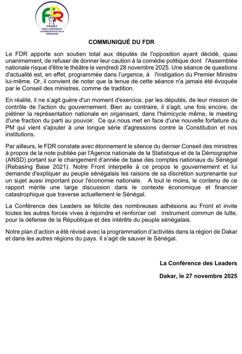 Feuz_Feuz's tweet image. Le Front pour la défense de la démocratie (FDR) apporte son soutien aux députés de l’opposition