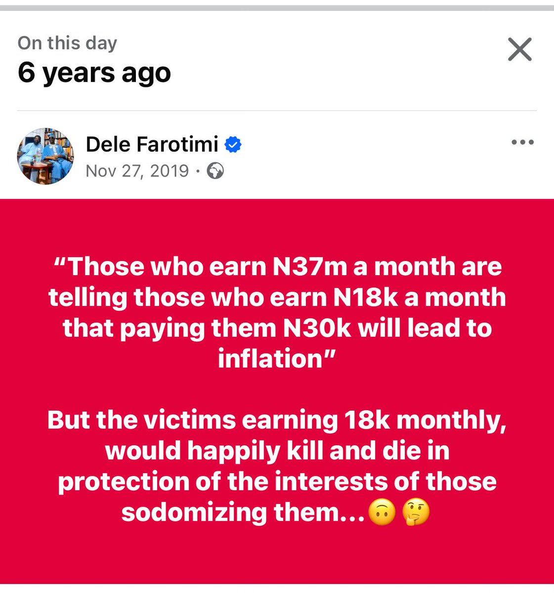 DeleFarotimi's tweet image. “Those who earn N37m a month are telling those who earn N18k a month that paying them N30k will lead to inflation”

But the victims earning 18k monthly, would happily kill and die in protection of the interests of those sodomizing them...🙃🤔