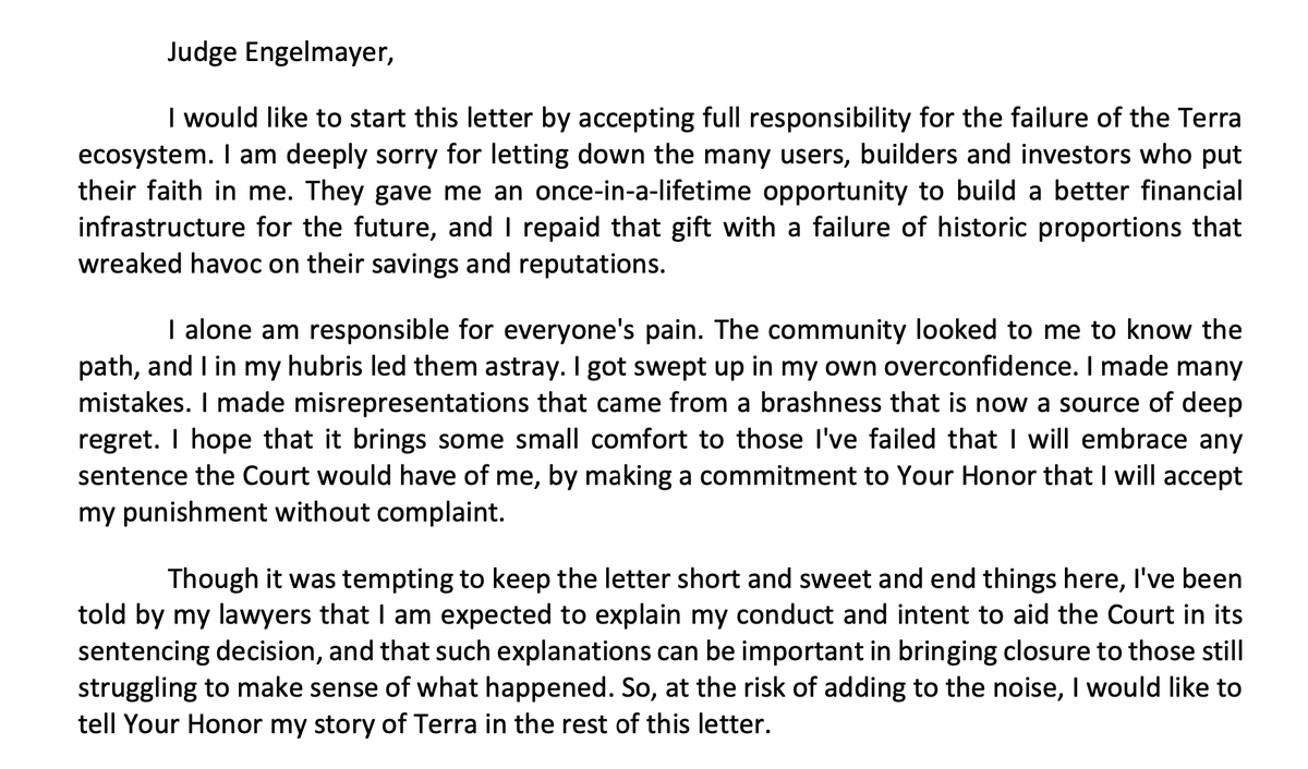 NEW: Terra founder Do Kwon and his legal team ask for no more than 5 years in US prison before he's sent to South Korea to face justice there

Kwon opens his submission with an apology:

"I am deeply sorry for letting down the many users ... who put their faith in me."