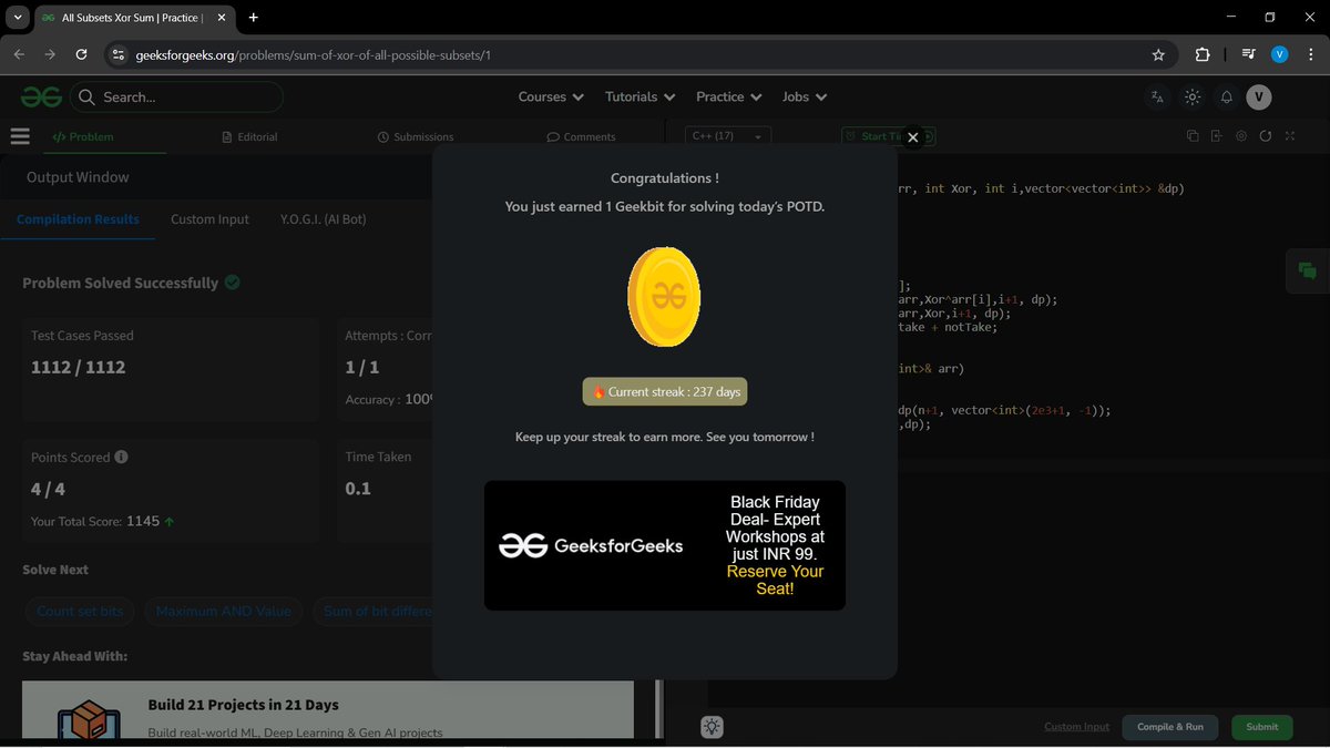 a_gupta30206's tweet image. Hey BitBuddies 💻✨!!
Day 88 of my #100DaysOfCode challenge 🚀🔥
🟢 LeetCode:Maximum Subarray Sum With Length Divisible by K
🟢 GFG:All Subsets XOR Sum
Small progress every day 👉 Big results tomorrow 💪✨
#leetcode #geeksforgeeks #coding #buildinpublic #DevCommunity #CodeNewbie