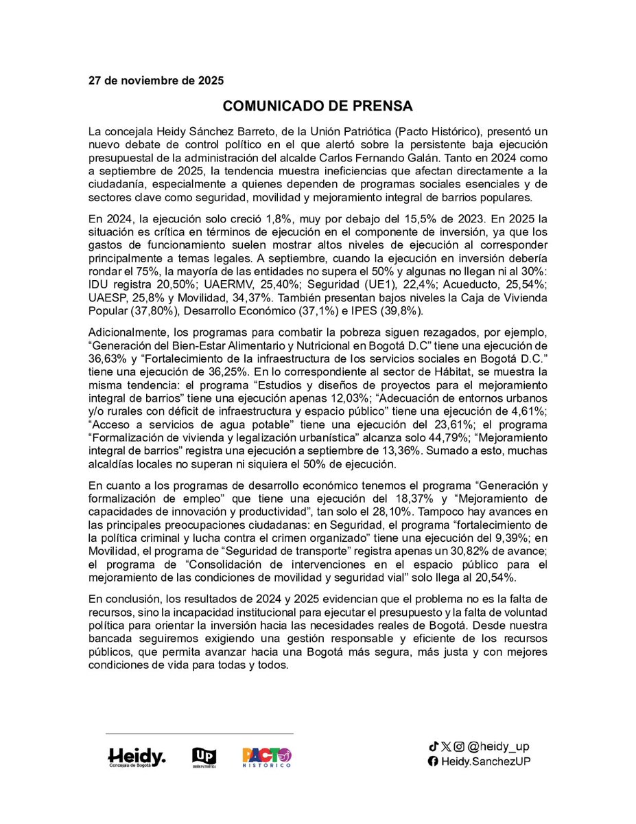 heidy_up's tweet image. #Comunicado | Desarrollamos un nuevo debate de control político en el que alertó sobre la persistente baja ejecución presupuestal de la administración del alcalde @CarlosFGalan. Tanto en 2024 como a septiembre de 2025, la tendencia muestra ineficiencias que afectan directamente a…