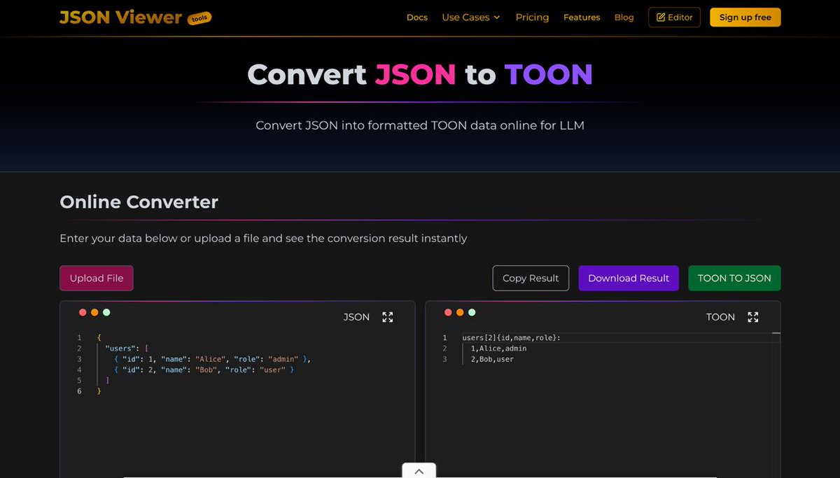 JsonViewer7471's tweet image. We just created our first JSON to TOON converter!
Upload JSON → get a TOON-style visual in seconds.
Test it here: jsonviewer.tools/converter/json…

#JSONViewer #TOON #WebDevTools
