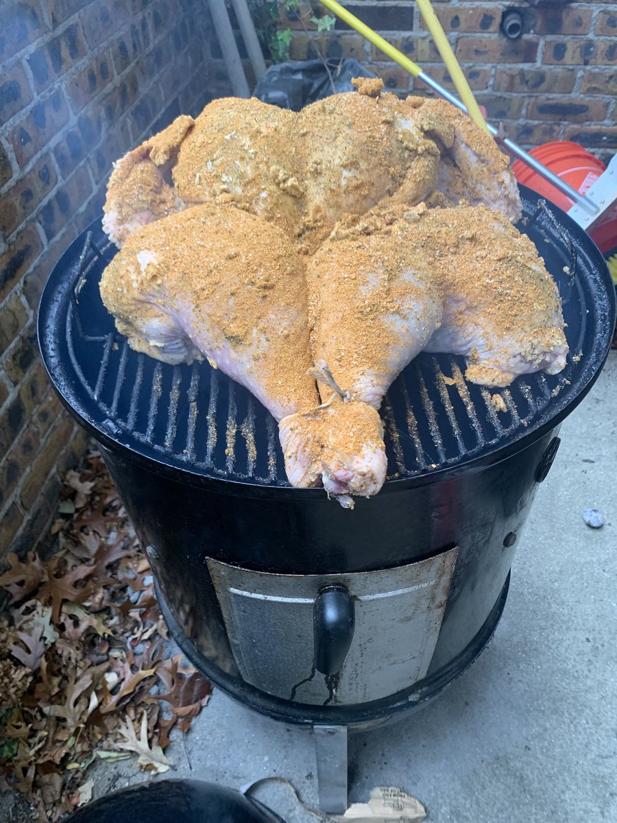 Spatchcocked, injected and rubbed, and on the smoker! Happy Thanksgiving! Have, and make it, a Great Day! 
#Dadsbegrillin 
#Dadsbesmokin