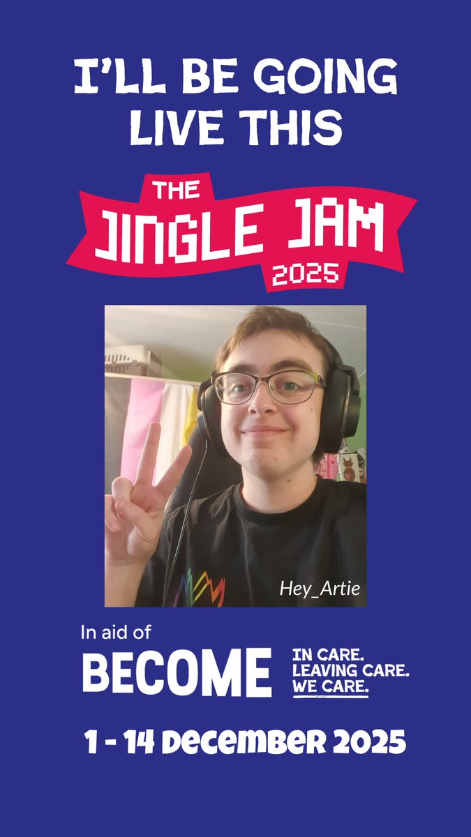 IT'S CHARITY TIME!!

this December, we are fundraising for <a href="/BecomeCharity/">Become</a> as part of <a href="/jinglejam/">Jingle Jam</a>!! 🎉

with a target of £1,000 for care-experienced young people, lots of exciting things are incoming! 👀

more info to be announced here, but save the date for Monday 1st @ 5pm GMT!✨