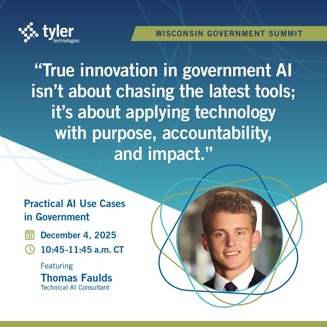 tylertech's tweet image. Tyler’s Technical AI Consultant, Thomas Faulds, joins leaders to discuss practical AI use cases in government—how agencies are applying AI today to improve operations, services, and outcomes. Real examples. Real impact.

🔹 December 4 | Wisconsin Digital Government Summit