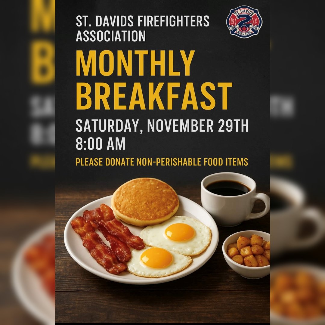 NOTLfiredept's tweet image. Buffet Breakfast at St. Davids Firehall Station 2!
📅 Nov 29 | 🕗 8–10 AM
💲 Adults $12 | Kids $6
📍 Station 2 – St. Davids
Join us for great food &amp;amp; community vibes!
#CommunityEvent #StDavidsFirehall #Breakfast