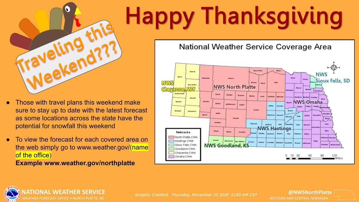 Those traveling into the weekend, make sure to keep up with the latest forecast as some locations across the state have a chance of snow. The color coordinated map shows what locations of the state each NWS office covers. Check their webpages for the latest info. #NEwx #Nebraska