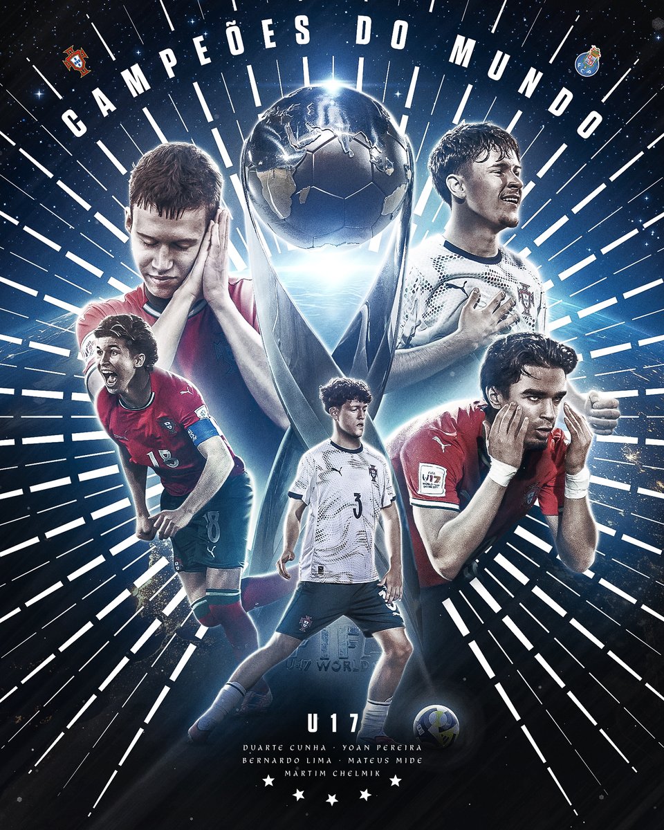 𝐍𝐨 𝐭𝐨𝐩𝐨 𝐝𝐨 𝐦𝐮𝐧𝐝𝐨 🌍 Portugal é Campeão do Mundo Sub-17 🇵🇹

👏 Parabéns, <a href="/selecaoportugal/">Portugal</a> e parabéns em especial aos nossos Dragões Bernardo Lima, Mateus Mide, Martim Chelmik, Duarte Cunha e Yoan Pereira 💙