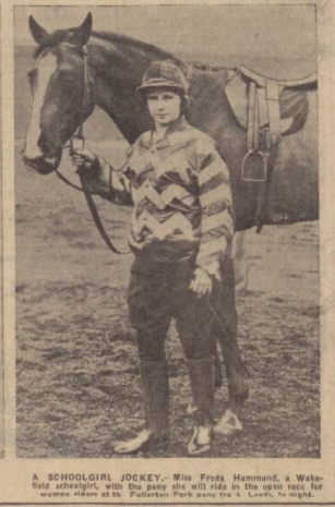 A pony and her jockey poses during the short spell pony racing took place on Fullerton Park at Elland Road, 1931.
