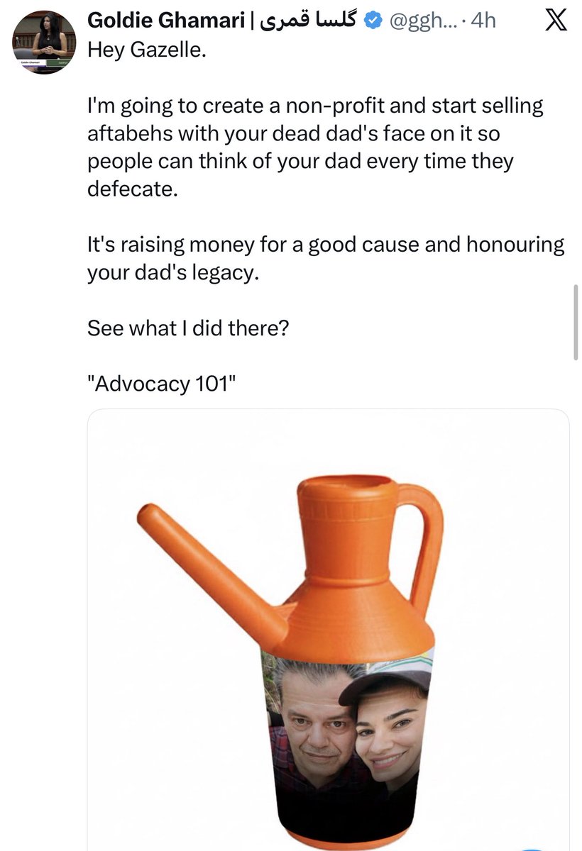 The Gazelle addressed here is a woman whose dad was kidnapped and executed by Iran's regime. The orange object is an "aftabeh", used to clean onself after defecation. 

To what can one attribute this behaviour? Shamelessness? Hunger for fame at any cost? Mental illness?