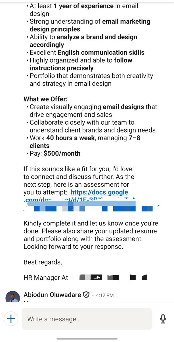 Olu_Abiodun01's tweet image. I rejected a $500 per month job opportunity I got from LinkedIn today.

I&apos;ll like to secure a long term role, but this workload definitely should have an higher pay attached.

Would you take this?