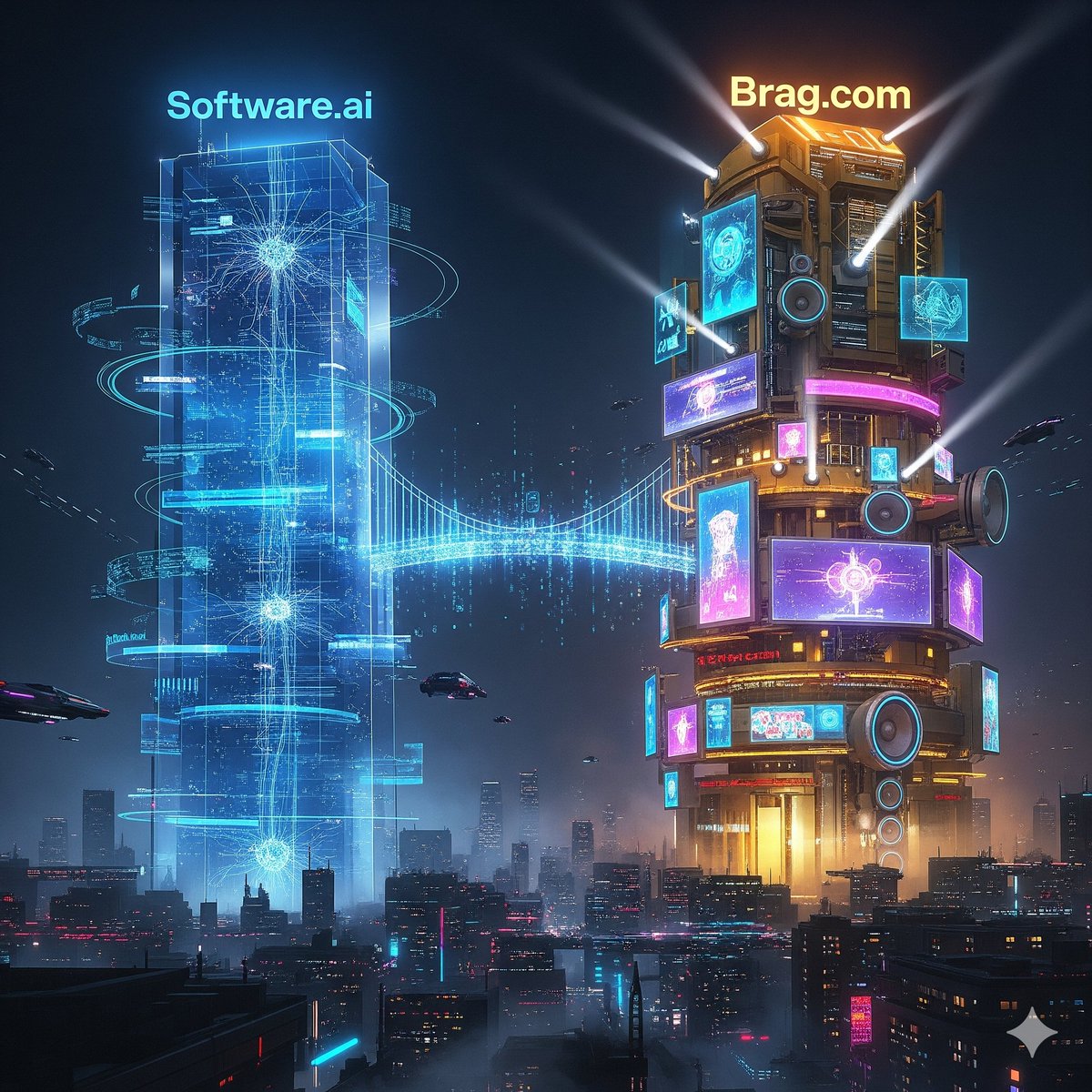 Aspreyian's tweet image. The ultimate convergence. A futuristic metropolis where the cool, calculating towers of Software.ai feed data directly into the floating golden arena of Brag.com. The infrastructure of intelligence supports the spectacle of success.

Design Philosophy…