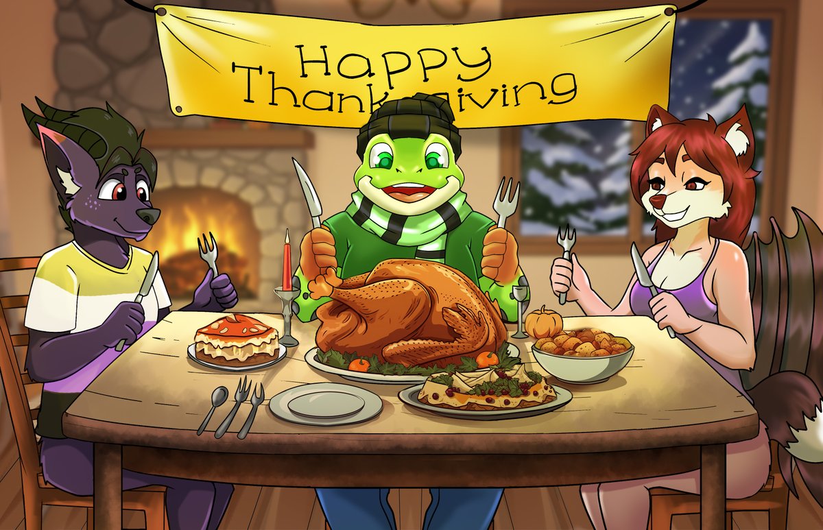 Thanksgiving YCH completed for <a href="/LoneStarFroggy/">Lucky Froggo🐸🍀</a>! 🦃
Gramble, Asonja, and my own character Fiora all sharing a warm feast together. THanks for ordering....
#Fioracreates
#ThanksgivingYCH #FurryArt #AnthroArt #Commission #YCH