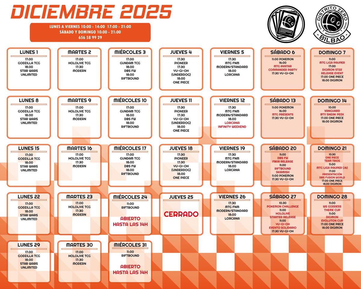DistritoZer0's tweet image. Último mes del año! 

Ya os dejamos el calendario repleto de actividades para este Diciembre, donde podréis jugar con nosotros aprovechando las vacaciones.

Estos son los calendarios de nuestras tiendas de Euskadi