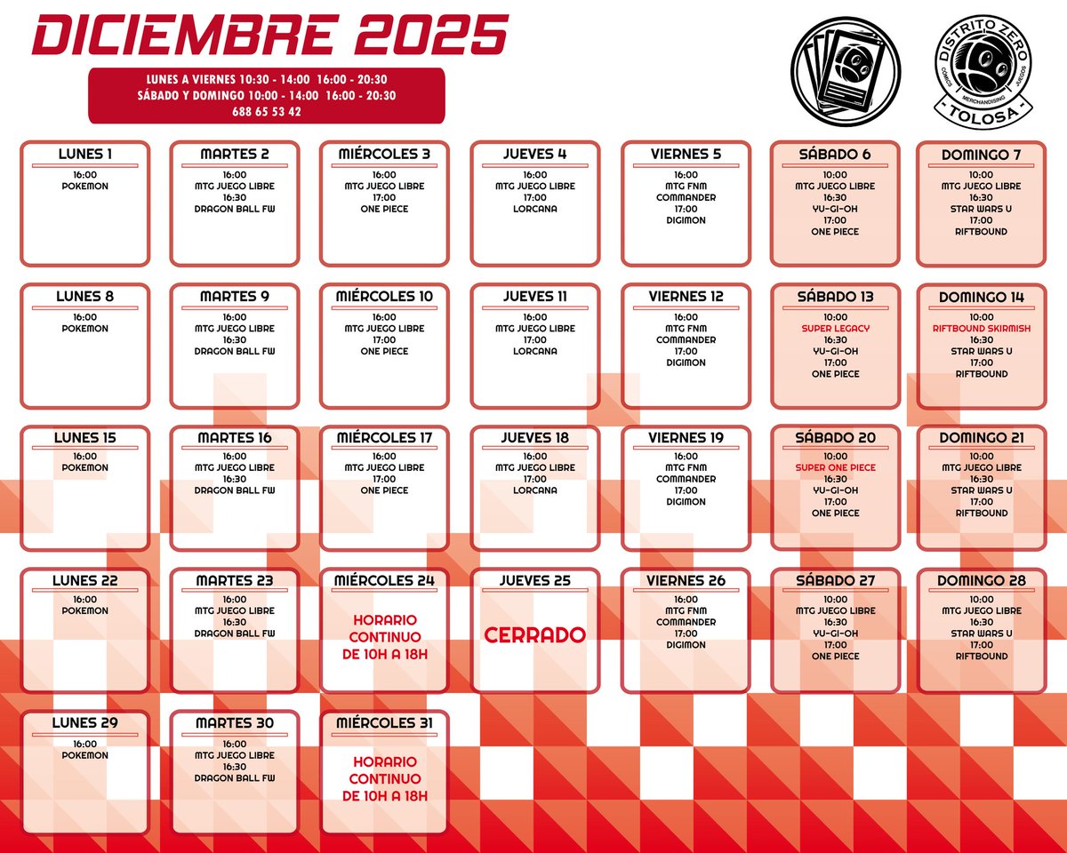 DistritoZer0's tweet image. Último mes del año! 

Ya os dejamos el calendario repleto de actividades para este Diciembre, donde podréis jugar con nosotros aprovechando las vacaciones.

Estos son los calendarios de nuestras tiendas de Euskadi