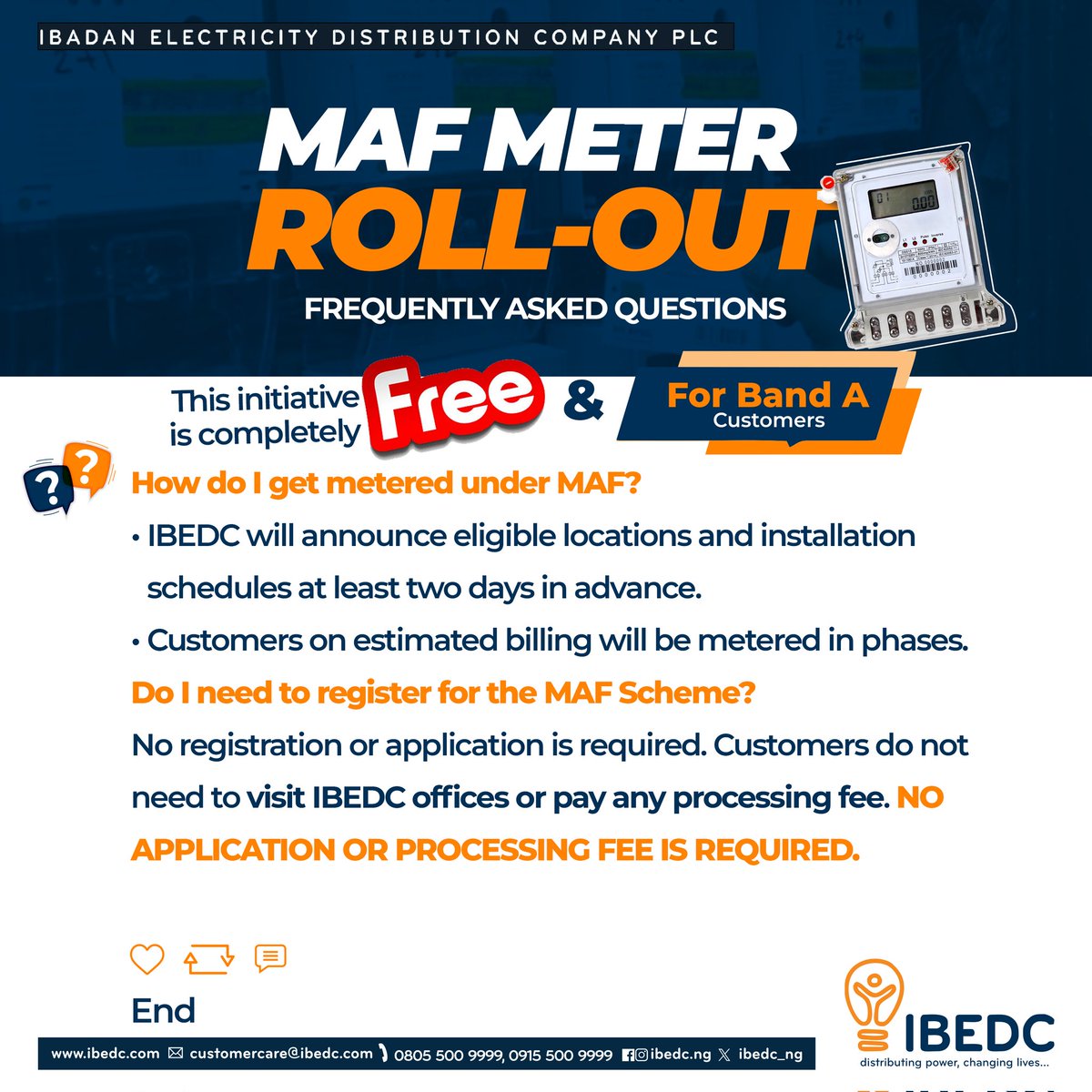 IBEDC_NG's tweet image. Take charge of your electricity usage with the MAF Metering Initiative. No processing fees. It’s completely free.
Here’s everything you need to know.

#SmartMetering #MAFMetering #FreeMeters #IBEDC #DistributingPower #ChangingLives #BandAcustomers