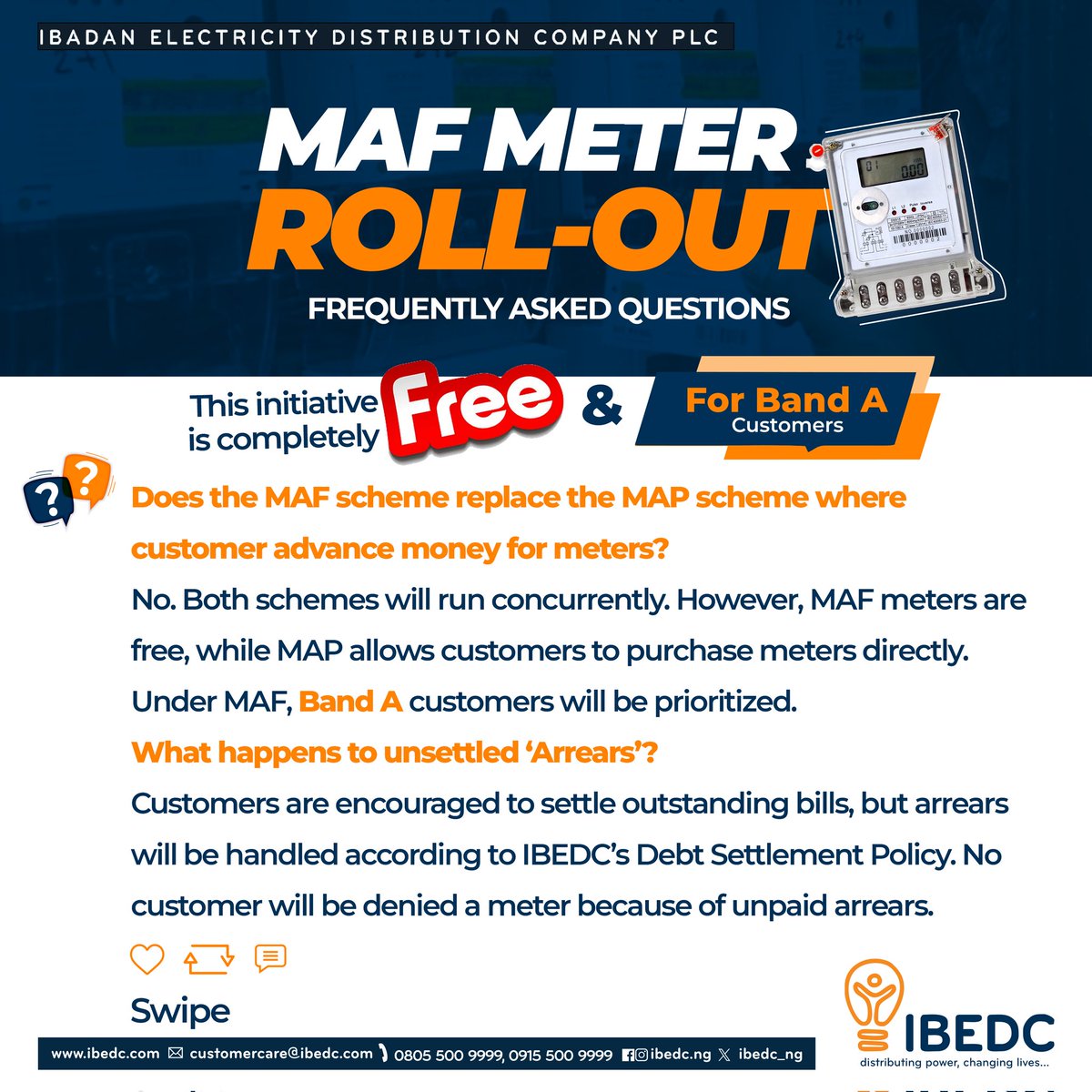 IBEDC_NG's tweet image. Take charge of your electricity usage with the MAF Metering Initiative. No processing fees. It’s completely free.
Here’s everything you need to know.

#SmartMetering #MAFMetering #FreeMeters #IBEDC #DistributingPower #ChangingLives #BandAcustomers