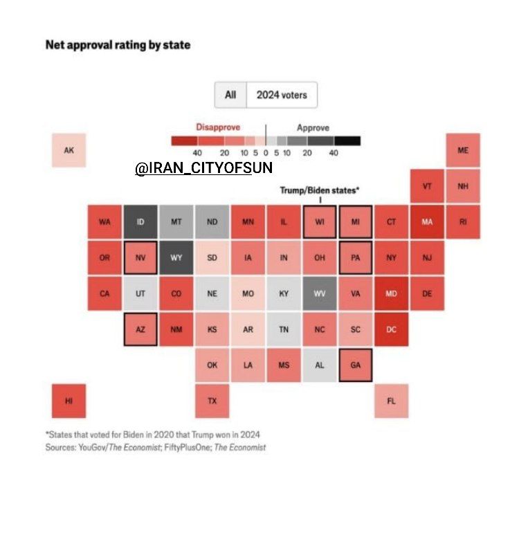 میزان محبوبیت ترامپ در سطح ملی آمریکا به پایین‌ترین حد خود یعنی ۳۸ درصد رسیده است. 
آن سوی میدان هم میزان نارضایتی از ترامپ به ۵۷ درصد رسیده است
طبق آخرین نظرسنجی اکونومیست، حتی در ایالت‌های تحت سلطه جمهوری‌خواهان، ترامپ اکنون با مشکل جدی مشروعیت مواجه است.
زیباکلام نشنوه یهوقت!!