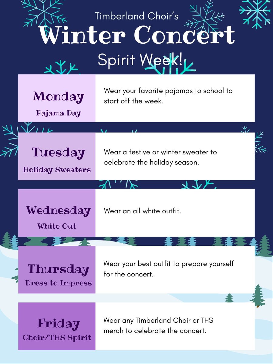 THSChoir's tweet photo. In anticipation of our Winter Concert next Thursday, we are hosting another spirit week! The choir with the highest percentage of participation will receive a prize. 🏅 Looking forward to seeing everyone after Thanksgiving Break! https://t.co/FnELt0AXFV