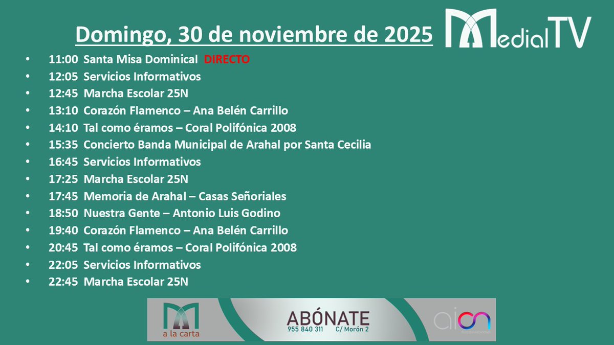 Medial_TV's tweet image. #Programación #MedialTV📺
Domingo, 30 de noviembre. Estos son nuestros contenidos para hoy, con la novedad de:

▶️ 11:00h. Santa Misa Dominical en DIRECTO desde la iglesia de la Victoria.

No te lo pierdas‼️