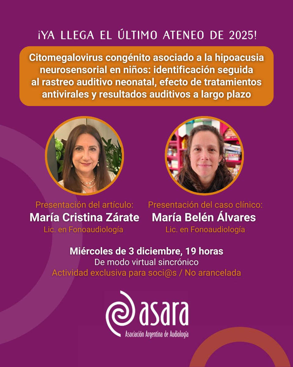 👉 ¡Ya llega el último ateneo de ASARA de 2025!

👂 ¡Te esperamos para cerrar el 2025 actualizándonos en Audiología de forma colaborativa!

#ateneosasara
#audiología #audición
#fonoaudiología #otorrinolaringología