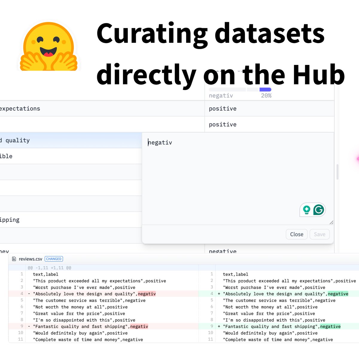 dvilasuero's tweet image. 🔥Direct dataset editing on the Hugging Face Hub🔥

No more downloading &amp;amp; reuploading a 500MB CSV just to fix 3 mislabeled rows.

Edit cells, commit changes. 

Collaborative, fully versioned.

Dataset curation finally works like code.

huggingface.co/blog/dvilasuer…