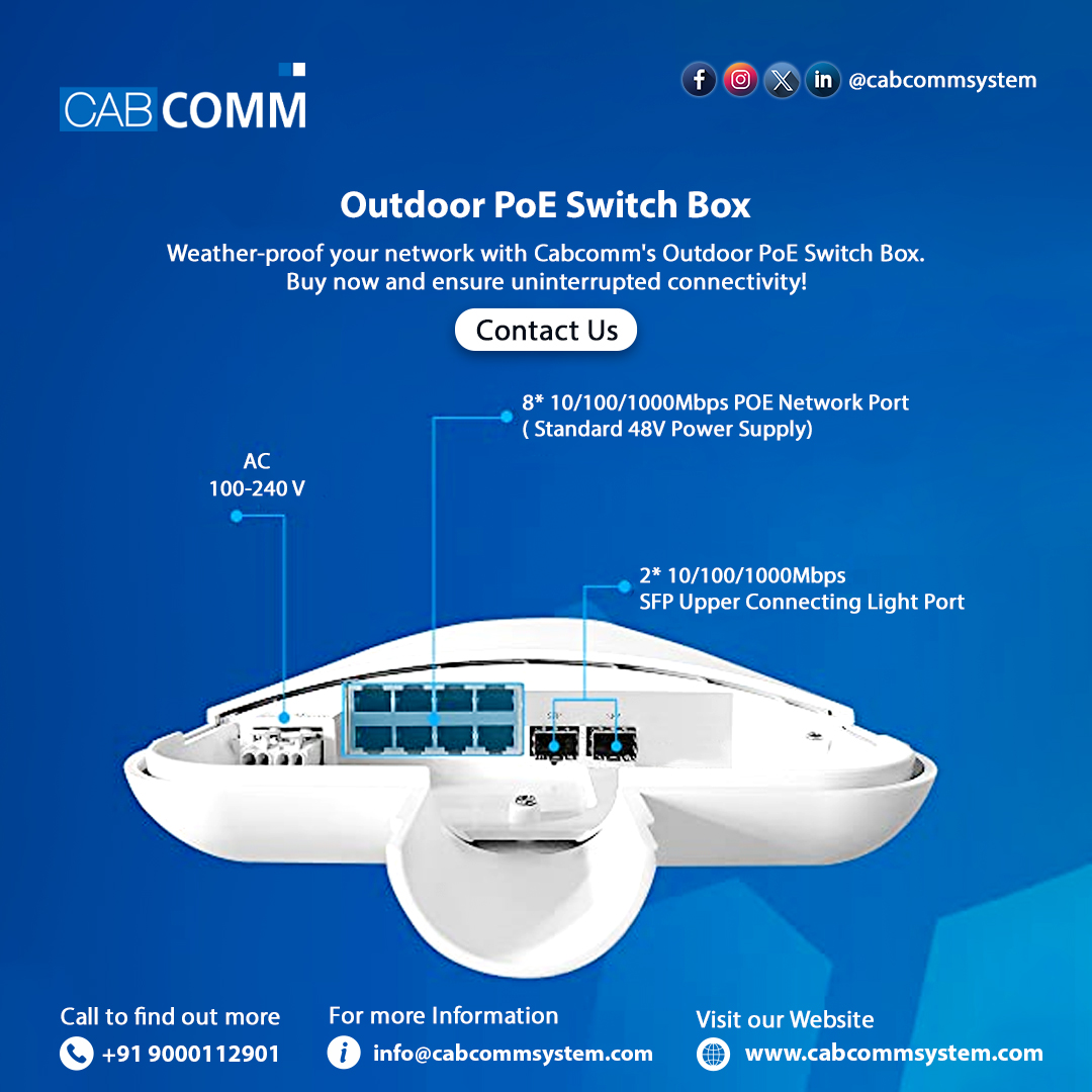 Cabcommsystem's tweet image. Take your network to new heights with Cabcomm&apos;s Outdoor PoE Switch Box! Durable, weather-resistant, and designed to keep your connectivity strong. Shop now and extend your reach!

#OutdoorPoESwitchBox #Cabcomm #NetworkingSolutions #PoESwitch #OutdoorNetwork #WeatherResistant