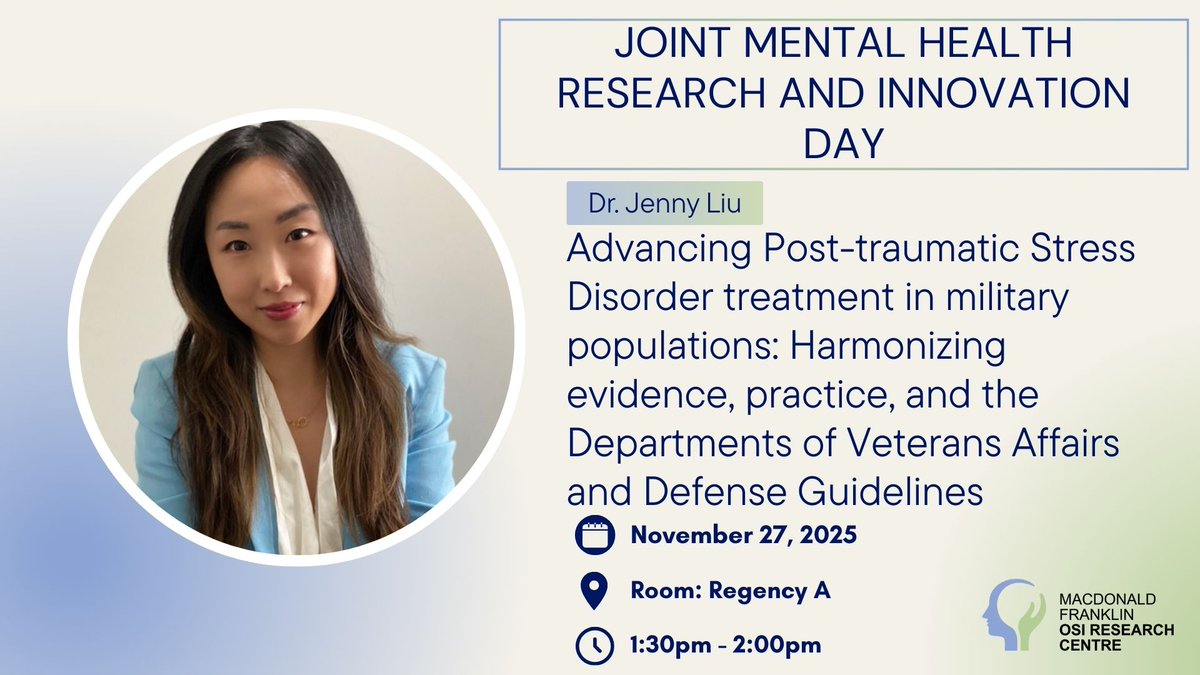 OSIResearch's tweet image. Today, @resilient_u will be presenting at Joint Mental Health Research &amp;amp; Innovation Day!

We’re developing a PTSD treatment algorithm for military members that expands care options beyond the focused 2023 VA/DoD guidelines—built on meta-analysis + clinician insight. #PTSD