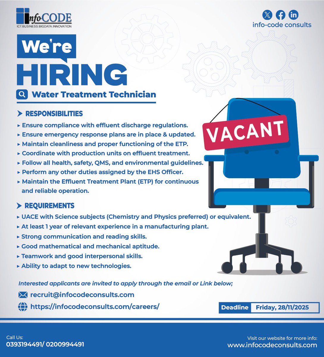 ConsultsCode's tweet image. 🚨 We’re Hiring: Water Treatment Technician!

Join our team in Luwero to support plant operations, maintain the ETP, ensure safety compliance, and keep environmental standards high.

📍 Luwero
💼 Salary + Food &amp;amp; Accommodation

#JobsUganda #Hiring #WaterTreatment #TechnicianJobs