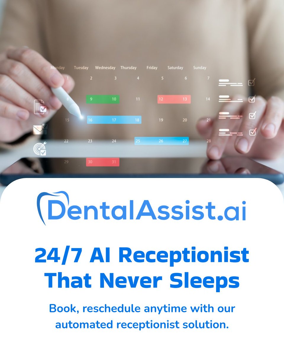 What if your dental office could work while you sleep?

DentalAssist.ai. Always awake. Always ready.
Patients can book, reschedule, and confirm anytime.

#DentalAssistAI #AIAutomation #DigitalDentistry #DentalInnovation #AIRevolution