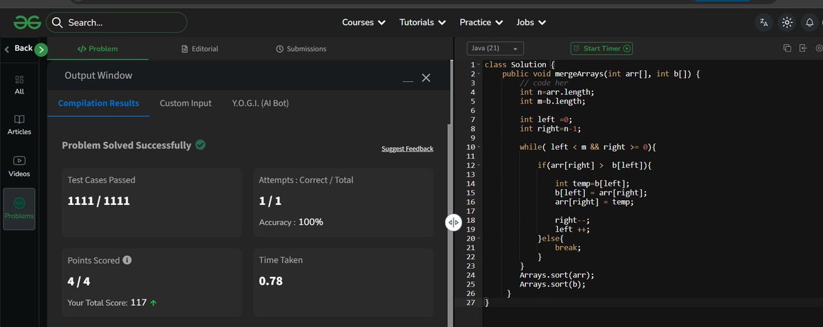 nazneen_tw's tweet image. Day 27/160 of #gfg160 Merge Withput Extra Space . getting better every day! 🚀 #GeeksforGeeks #100DaysOfCode #CodingChallenge #DSA #WomenWhoCode #LearnToCode #Java #GFG160DaysChallenge #DSA