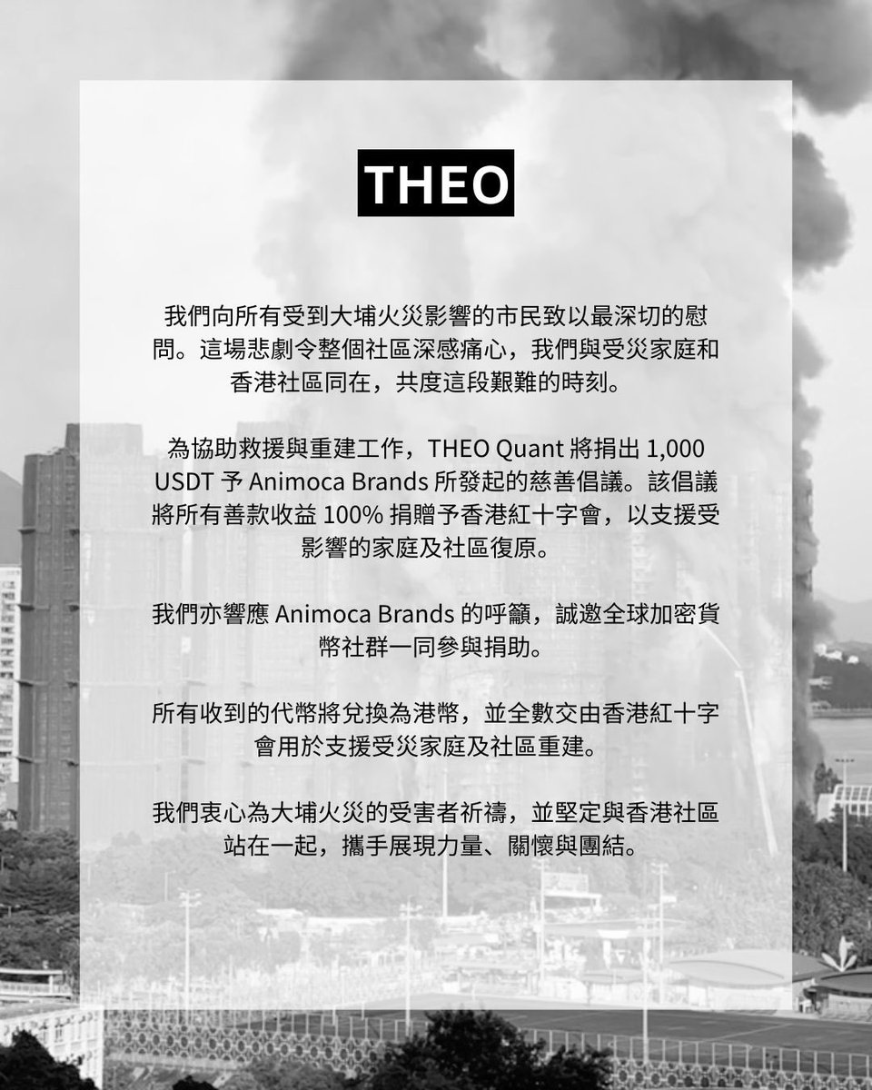 Theo Quant Donates to Support Tai Po Fire Victims

The tragic fire at a Tai Po residential estate has shaken Hong Kong and the world, claiming 65 lives, with more than 200 people still missing. Our hearts are with the victims, their families, and everyone affected. 

In