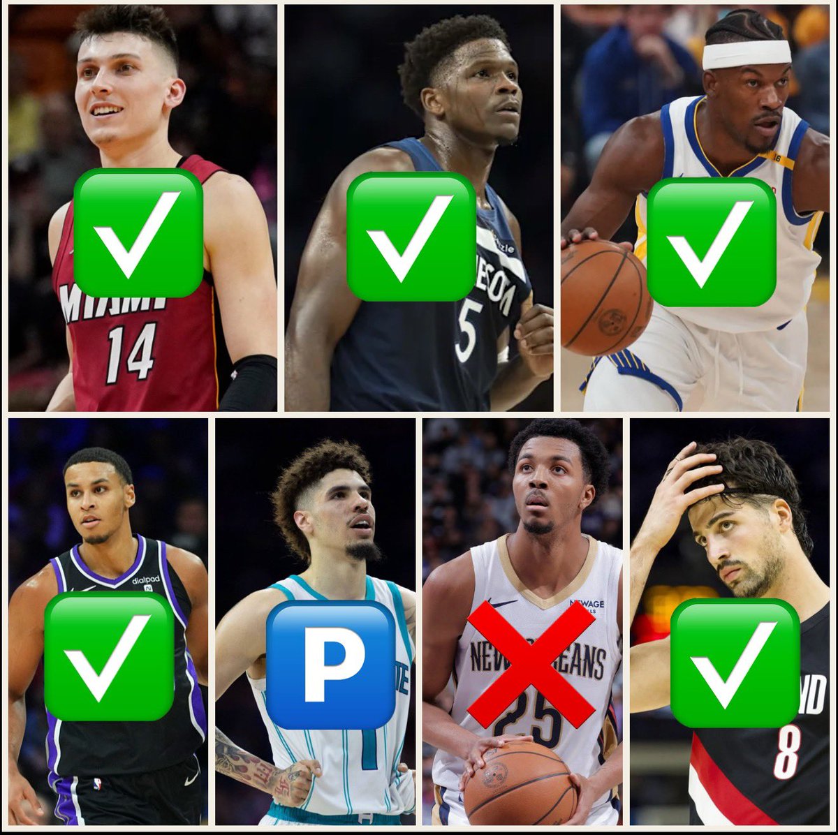 🏀🏀NBA RECAP:

✅Tyler Herro over 3.5 reb
✅Ant Edwards over 4.5 reb 
✅Jimmy Butler over 25.5 PA
✅Keegan Murray over 11.5 FGA
🅿️LaMelo Ball over 2+ 3ptm 
❌Trey Murphy over 24+ PRA 
✅Deni Avdija over 35+ PRA

🔥 5-1-1; NBA🔒 53-17-3

ALL POWERED BY 🔋 <a href="/doink_sports/">DoinkSports.com</a>
