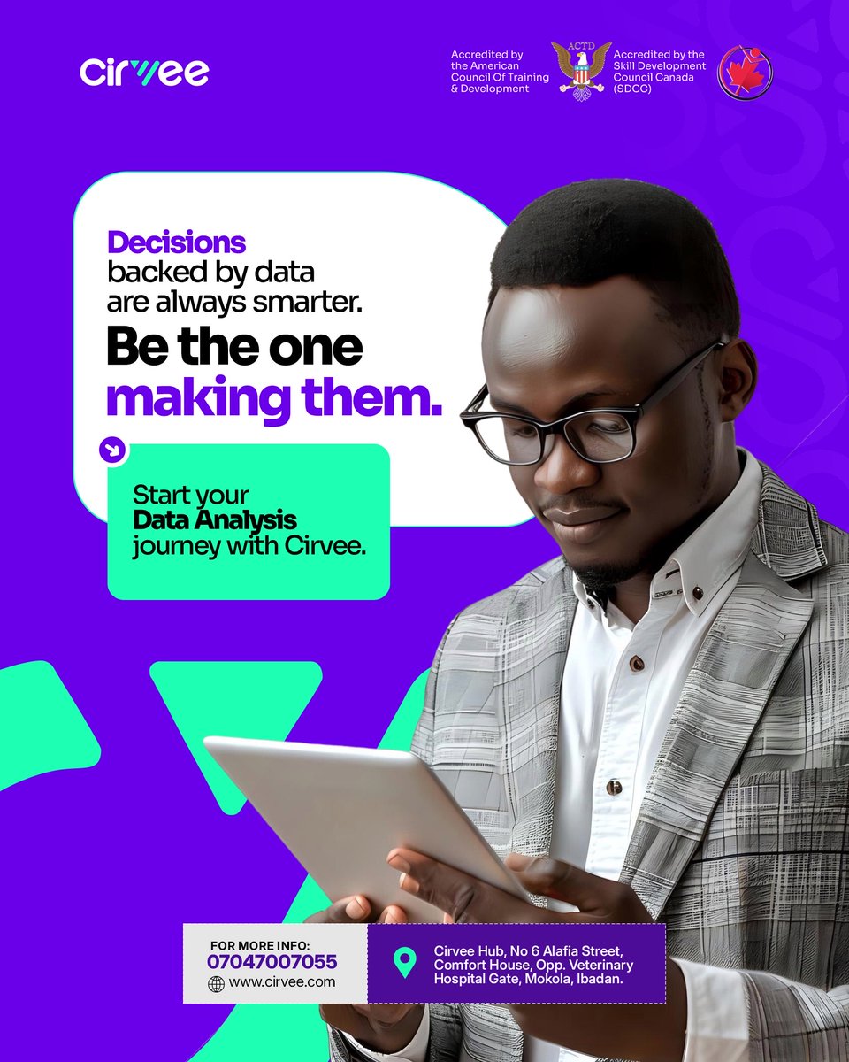 hellocirvee's tweet image. The world runs on data. Can you read it?
Learn Data Analysis at Cirvee and build skills you can trust.

👉 Send us a DM to enroll today.
📍 Physical and online
💰 Flexible payments
🎓 ACTD Certified

#StayCirvee #DataAnalysis #DigitalSkills #CirveeAcademy