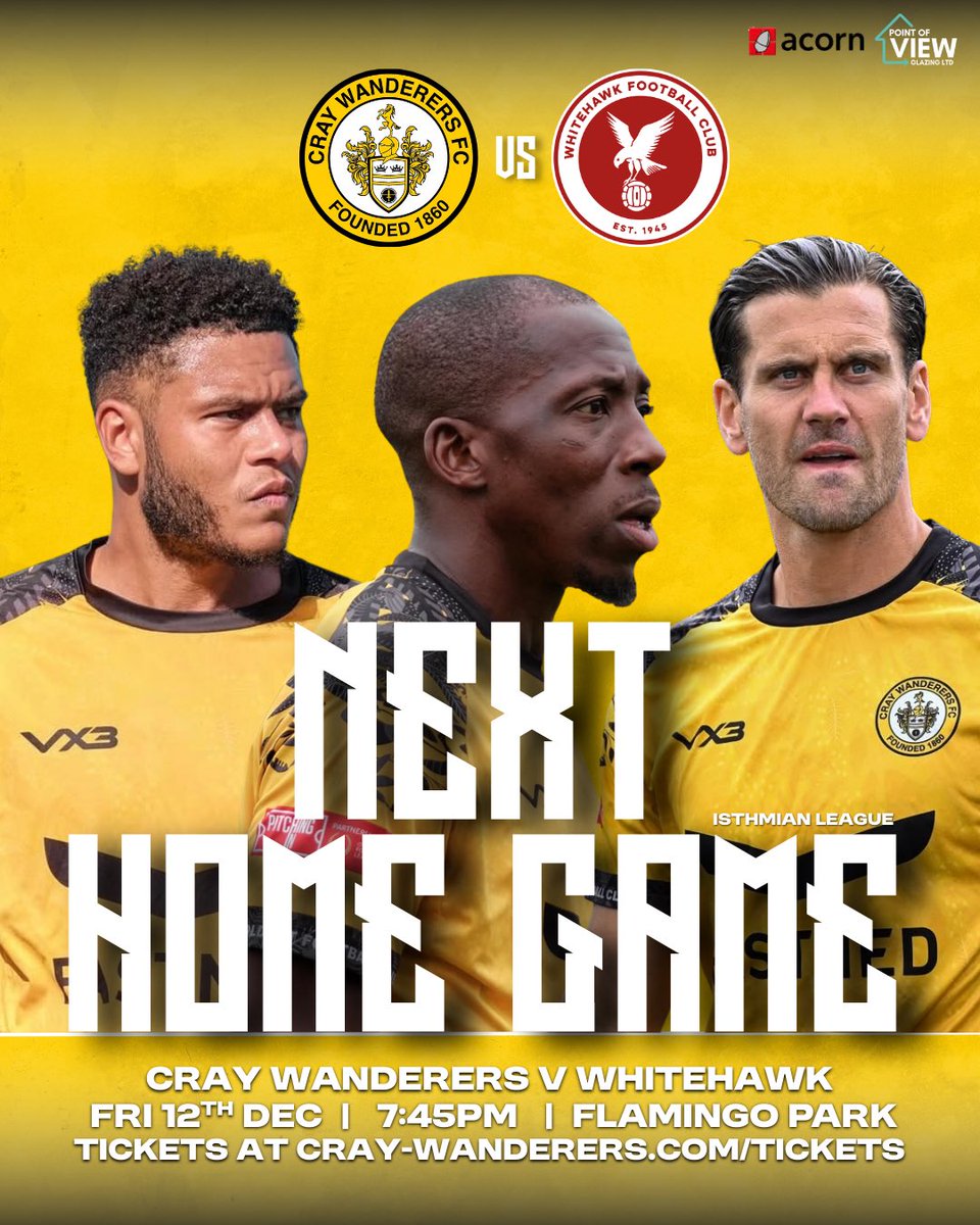 Two away days ahead - but we’re back at Flamingo Park on Friday 12th December! 

Get it in the diary, Wands fans 🟡⚫️

🎟️ Tickets online now via the link below
cray-wanderers.com/tickets

#craywanderersfc #cwfc #coyw #flamingopark