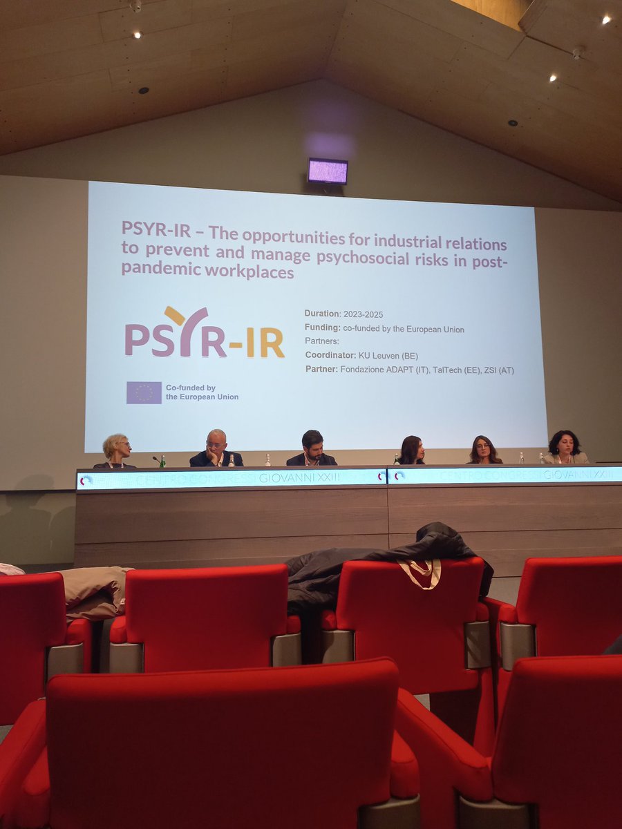 DPorcheddu's tweet photo. @CaneveSilvia and @ilariafiore_ present the main results of the European co-funded project #PSYRIR at the #ADAPTConference2025. The project was coordinated by @HIVA_KULeuven and focused on the management of #psychosocialrisks in the workplace through #industrialrelations. https://t.co/T76OPBYuK4
