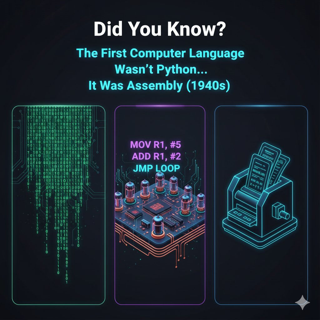 Provaantech's tweet image. Did You Know?
The first real computer language wasn’t Python or C — it was Assembly (1940s).
Before that, computers only understood 0s and 1s.
Assembly let humans write MOV, ADD, and more — making programming possible.
Follow us: lnkd.in/gEvWqQ56
#DidYouKnow #TechFacts