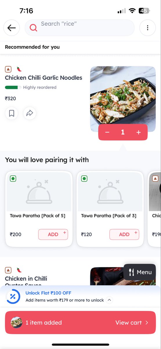 So came back to <a href="/zomato/">zomato</a> after ages, and seriously NOT impressed by it. I selected a noodle dish and they promptly asked me to pair it with tawa paratha 👏👏