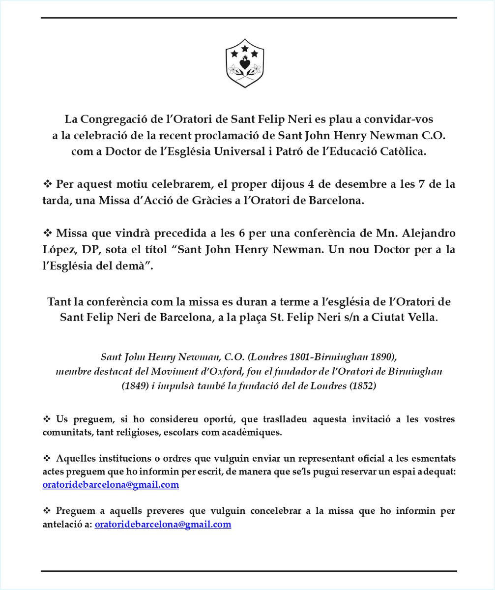 OratoriBCN's tweet photo. ✝️ El dijous 4 de desembre l'Oratori celebrarà la proclamació de Sant John Henry Newman com a Doctor de l’Església.

🎶 Es farà una conferència a càrrec de Mn. Alejandro López i una missa amb l'actuació del @CorLlevant i de l'organista Bernat Bailbé. https://t.co/pzhL6Y4OFh
