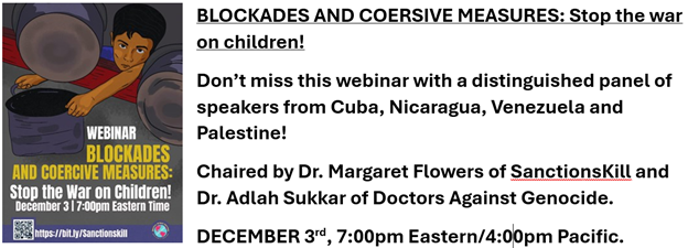 GAPeaceJustice's tweet image. End US government policy of broad unilateral economic sanctions. They kill children. Webinar, Dec 3, 7 pm ET us06web.zoom.us/webinar/regist…