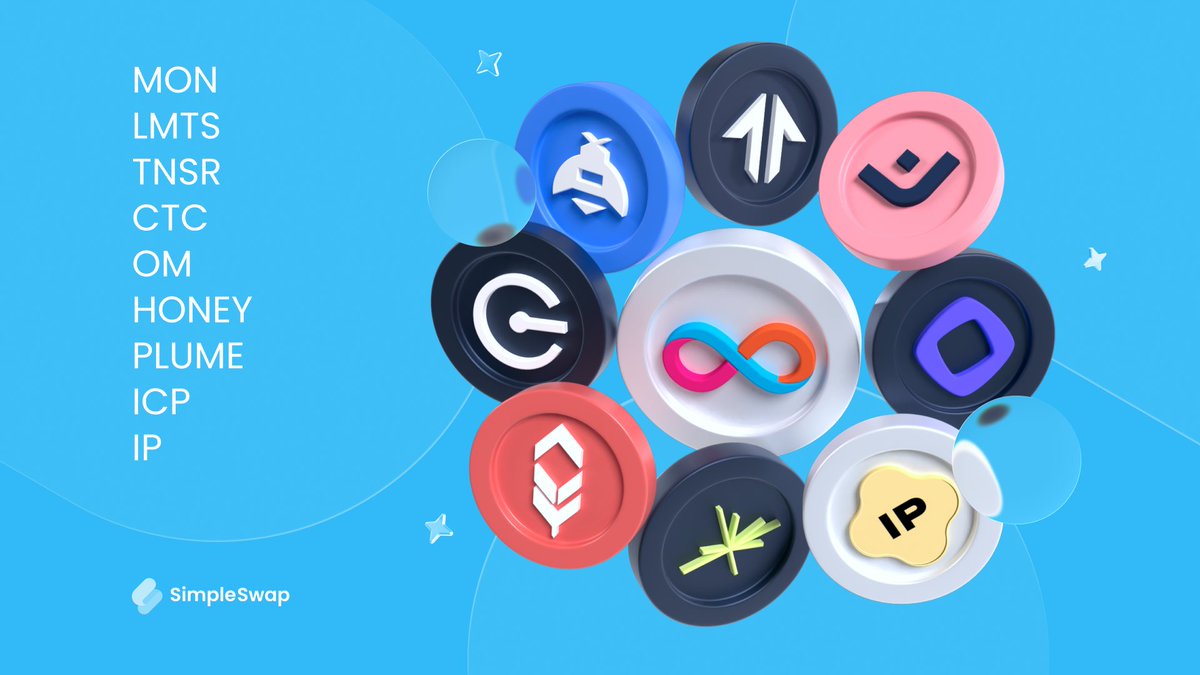 SimpleSwap_io's tweet image. 🔥 Trending coins this week

Clean list. Real data. No hype – just what’s moving right now 👇

$MON (New high-performance L1 built to scale Ethereum’s idea)
$OM (MANTRA’s token powering its DeFi ecosystem)
$LMTS (Limitless Exchange token enabling natural-language trading of…