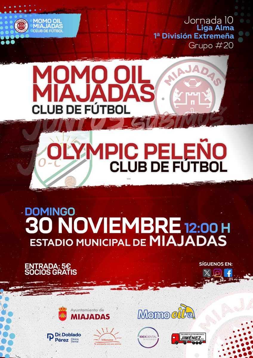 ⚽🔥 JORNADA 10 🔥⚽

📅 Domingo 30 de Noviembre
🆚 <a href="/OlympicCF/">Olympic Peleño C.F.</a> 
🏟️ Estadio Municipal de Miajadas
🕛 12:00 h
🎟️ Socios gratis / No socios 5€