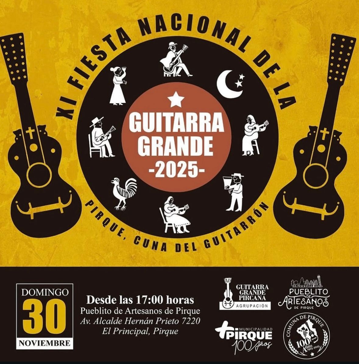 XI Fiesta Nacional de la Guitarra Grande

Este 30 de noviembre, desde las 17:00 hrs, te esperamos en el Pueblito de Artesanos de Pirque para celebrar nuestra música y tradición pircana.

¡No faltes!